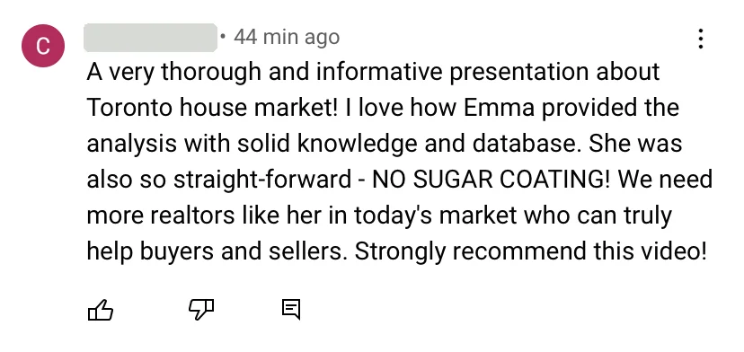 YouTube comment praising Emma's Toronto market presentation, commenter name hidden