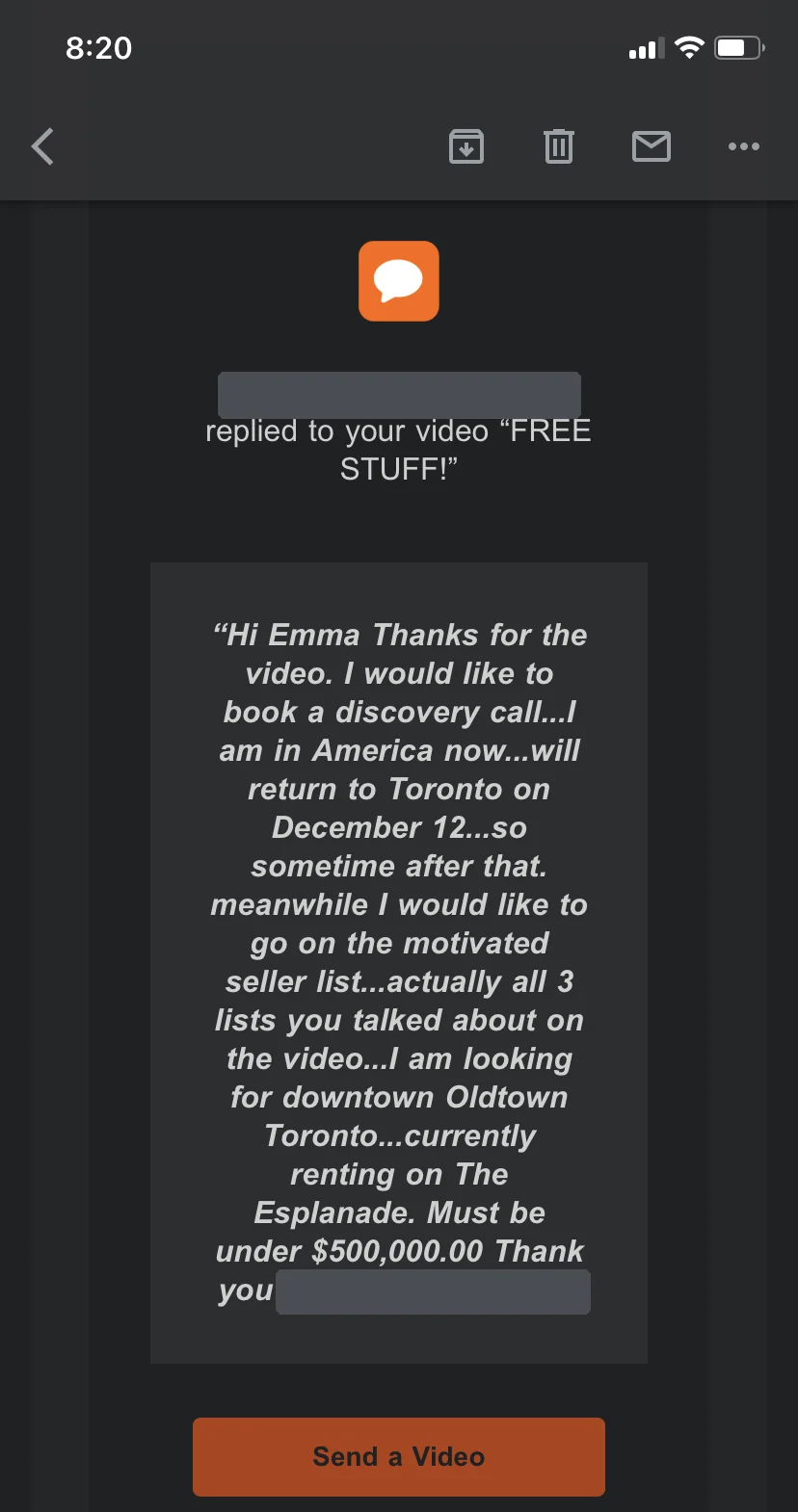 A lead replying to Emma's video email to book a discovery call