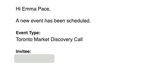 Calendar booking for a Toronto Market Discovery Call, invitee details hidden
