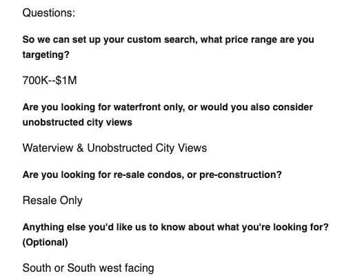 Booking answers: 700K to 1M, waterview and unobstructed city views, resale only, south or southwest facing
