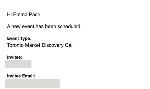 Second calendar booking for a Toronto Market Discovery Call, invitee details hidden