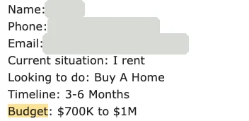 Lead form: renter buying a home in 3 to 6 months, budget 700K to 1M, contact details hidden
