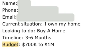 Lead form: homeowner buying in 3 to 6 months, budget 700K to 1M, contact details hidden