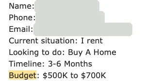 Lead form: renter buying in 3 to 6 months, budget 500K to 700K, contact details hidden