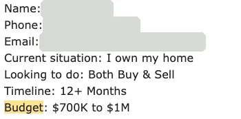 Lead form: homeowner buying and selling in 12 months or more, budget 700K to 1M, contact details hidden