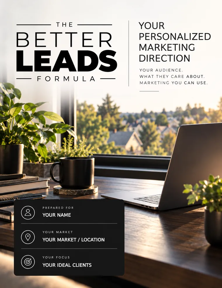 The Better Leads Formula workbook cover, titled Your Personalized Marketing Direction, with spaces for your name, market and ideal clients